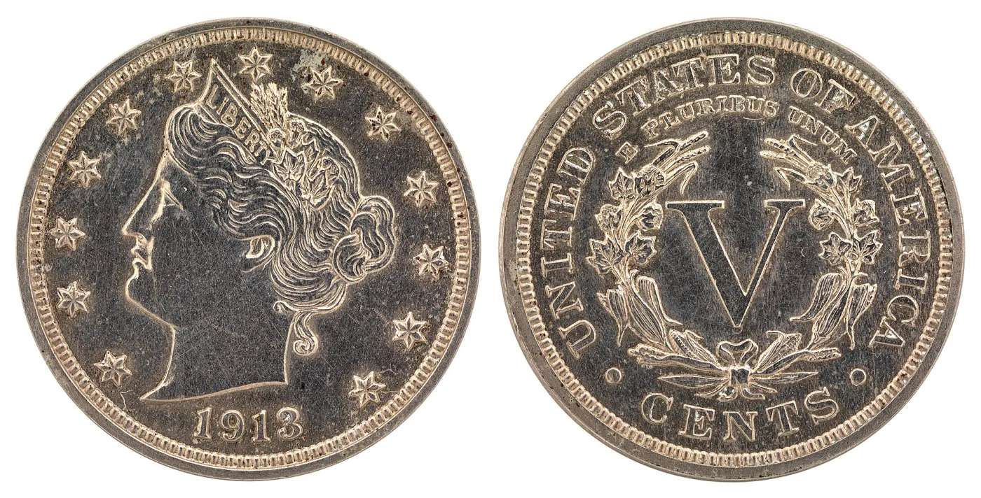 Obverse and reverse of a 1913 Liberty Head nickel in the Smithsonian National Numismatic Collection, the obverse dated 1913 and the reverse the ordinary With CENTS type