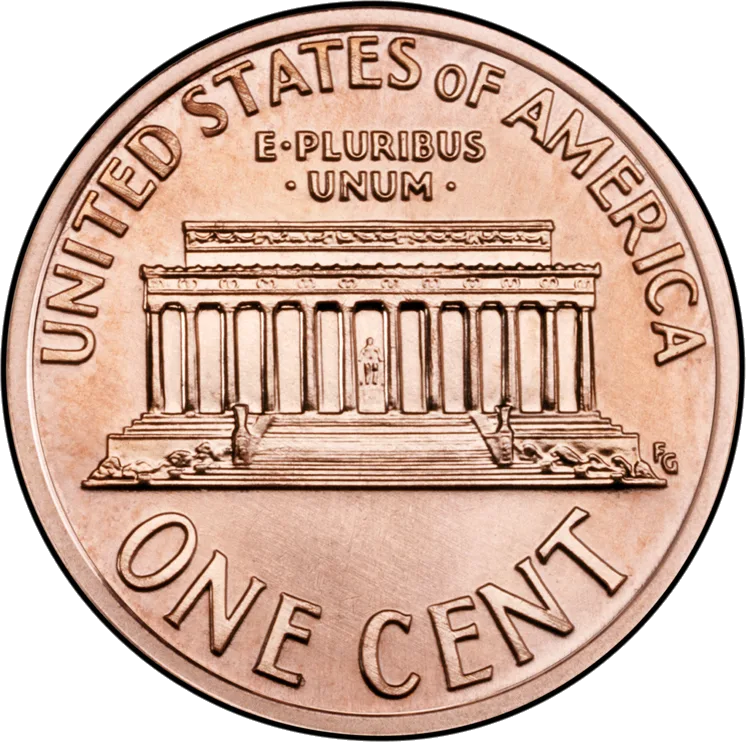 Reverse of a Lincoln Memorial cent, the front elevation of the Lincoln Memorial with UNITED STATES OF AMERICA above and ONE CENT below