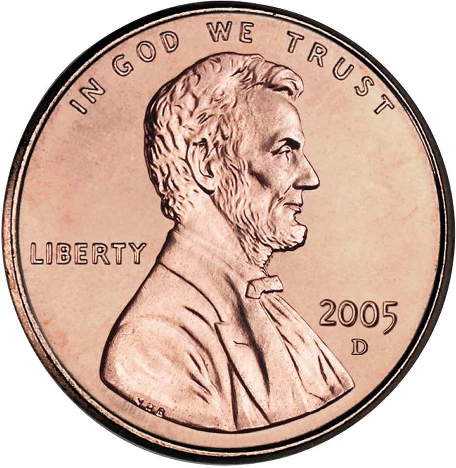 Obverse of a 2005-D Lincoln Memorial cent, Lincoln facing right with IN GOD WE TRUST arcing above, LIBERTY at the left, and the date with a small D beneath it at the right
