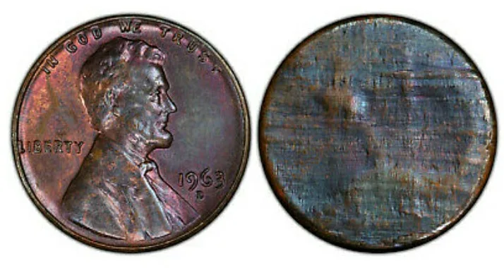 A 1963-D Lincoln cent split-planchet error, one face fully struck with the portrait and the other a rough striated surface with almost no design