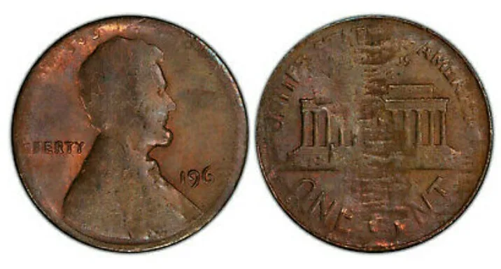 A 1963 Lincoln cent split-planchet error whose design survives weakly on both faces, stretched and mushy