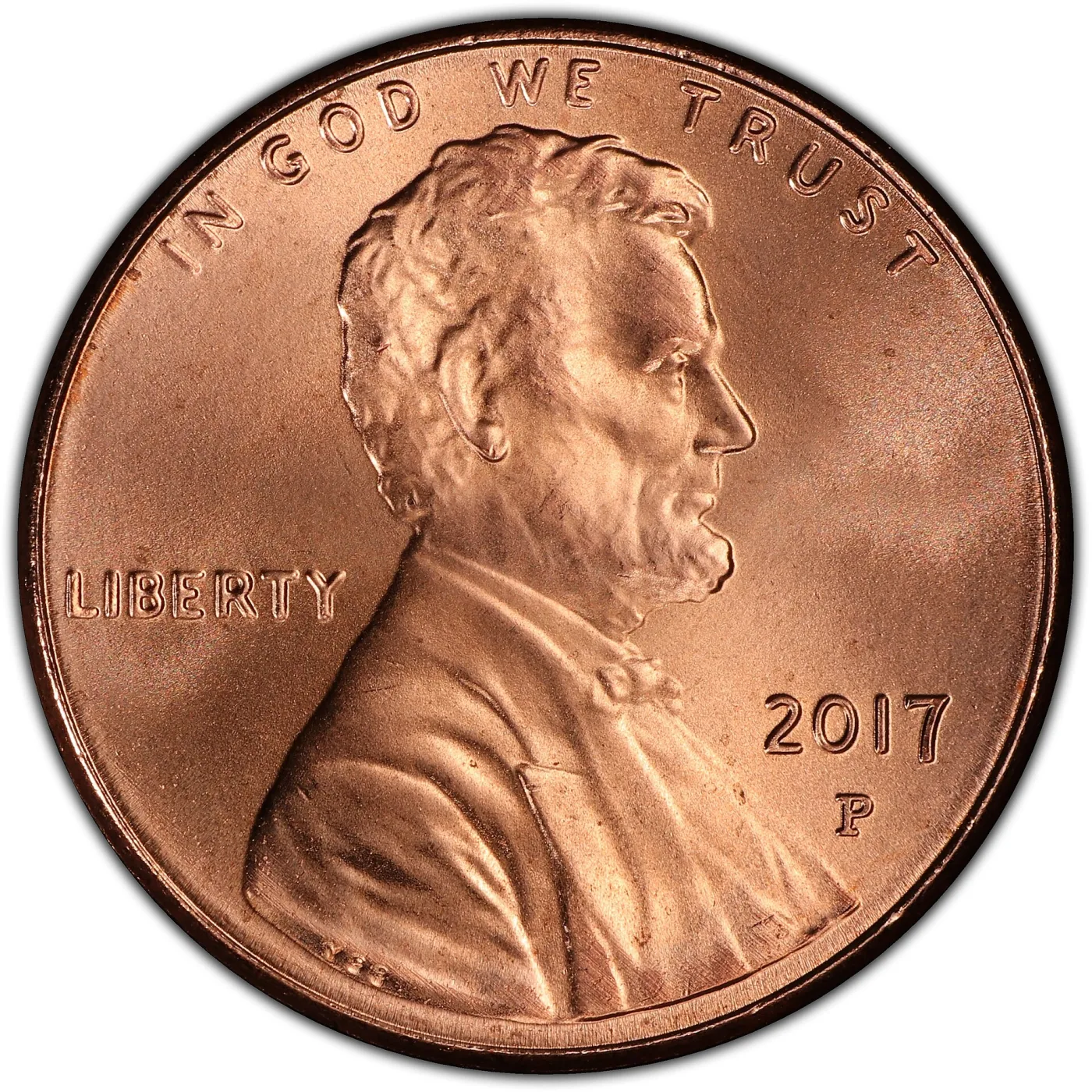 Obverse of a 2017-P Lincoln Shield cent, a small P punched below the date at the lower right