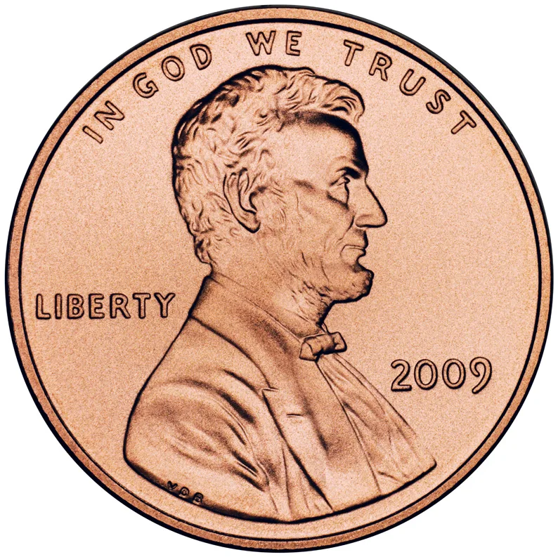 Obverse of a 2009 Lincoln cent, Brenner's bust of Lincoln facing right with IN GOD WE TRUST arcing above, LIBERTY at the left and the date at the right