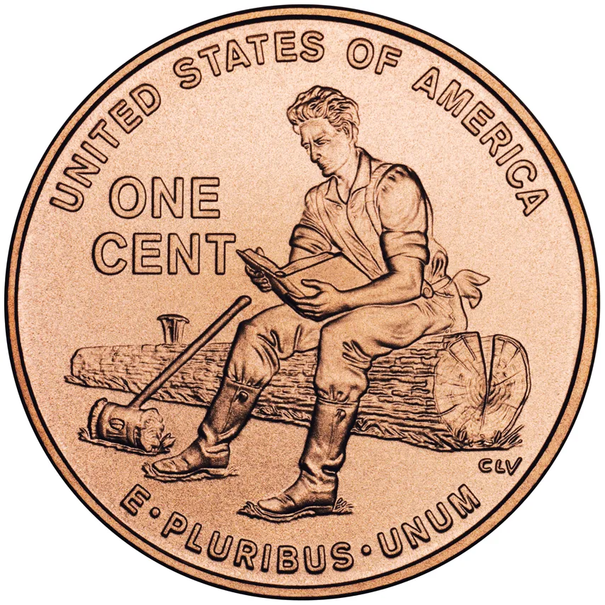 Reverse of the 2009 Formative Years cent, a young Lincoln sitting on a log reading a book with an axe resting against it