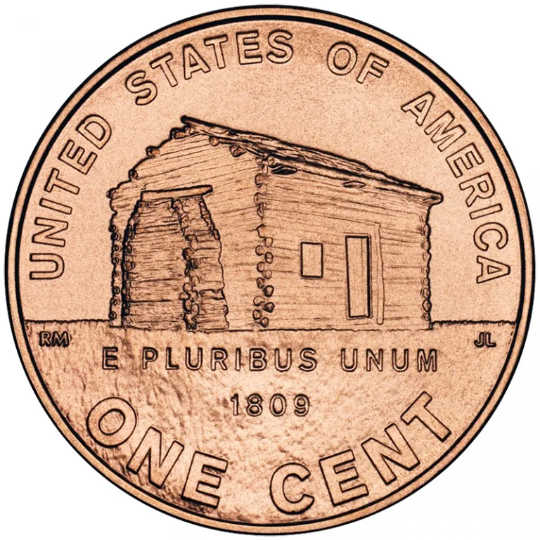 Reverse of the 2009 Birthplace cent, a single-room log cabin standing on open ground above E PLURIBUS UNUM and the date 1809