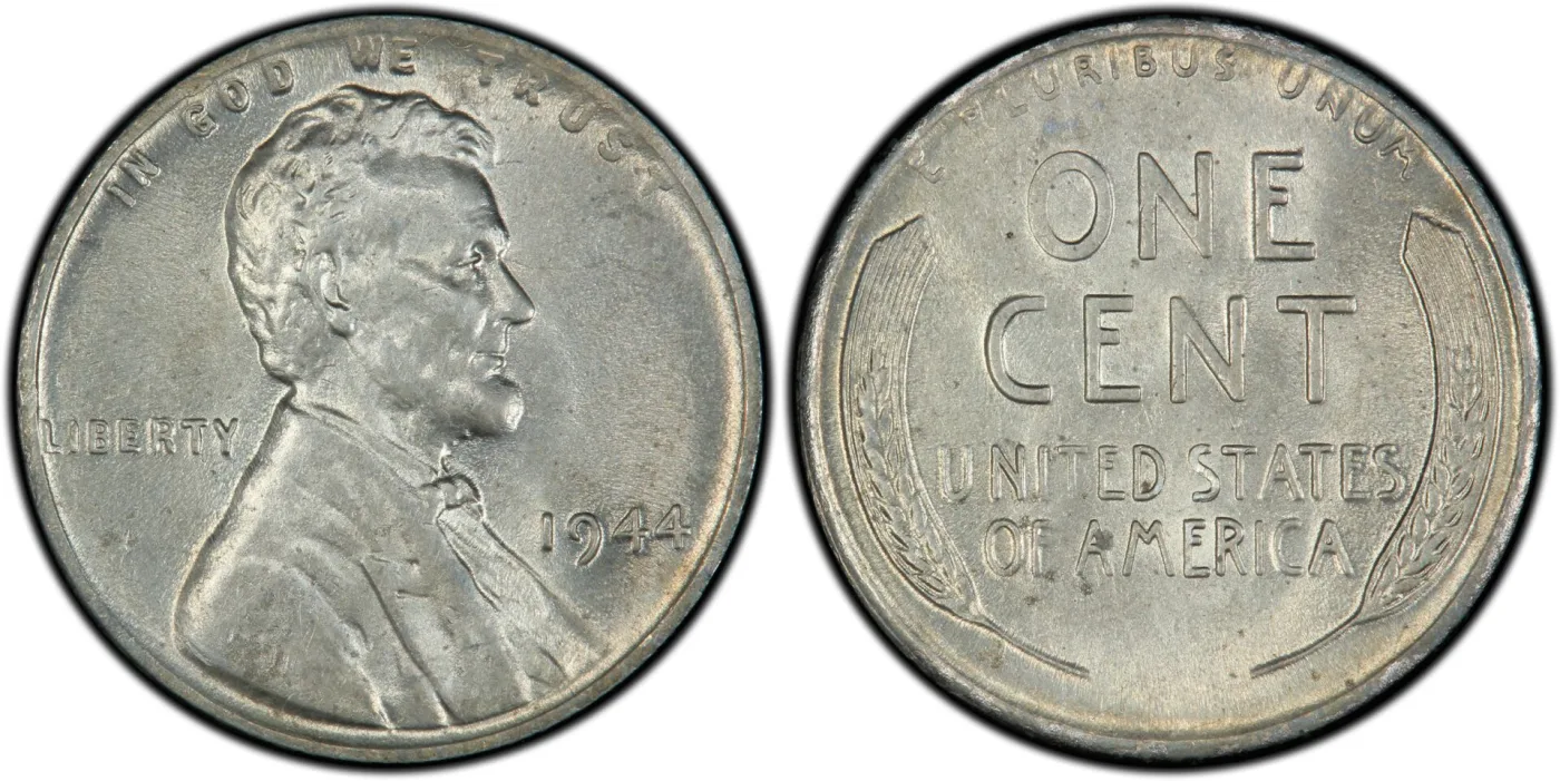 Obverse and reverse of a 1944 Lincoln cent mistakenly struck on a leftover steel planchet