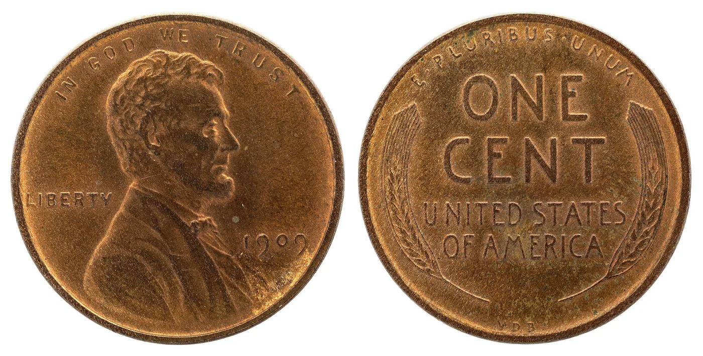 Obverse and reverse of a 1909 VDB Lincoln wheat cent side by side, with the VDB initials at the base of the wheat-ears reverse
