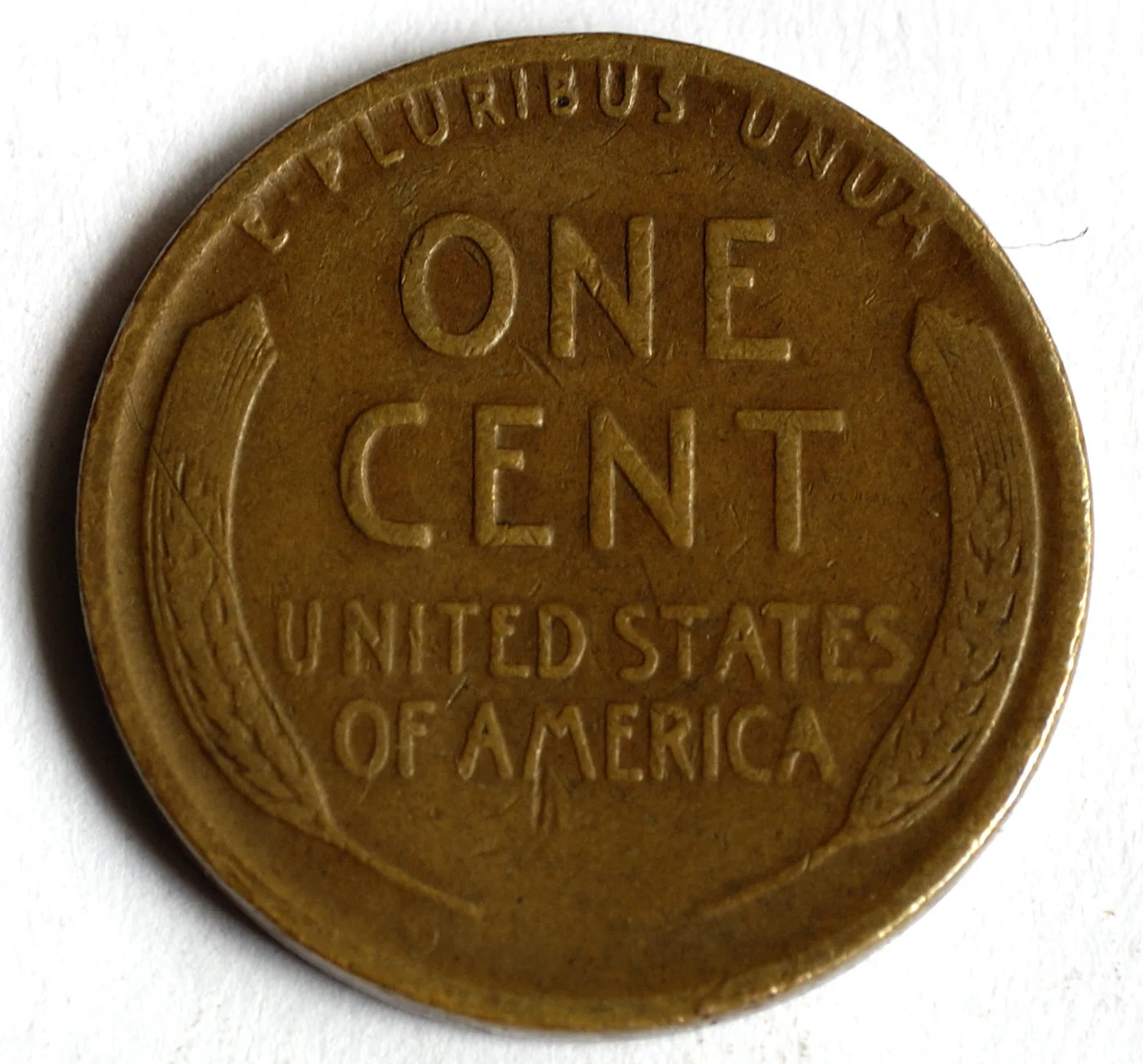 Reverse of the same 1930-D Lincoln wheat cent showing two wheat stalks framing ONE CENT and UNITED STATES OF AMERICA