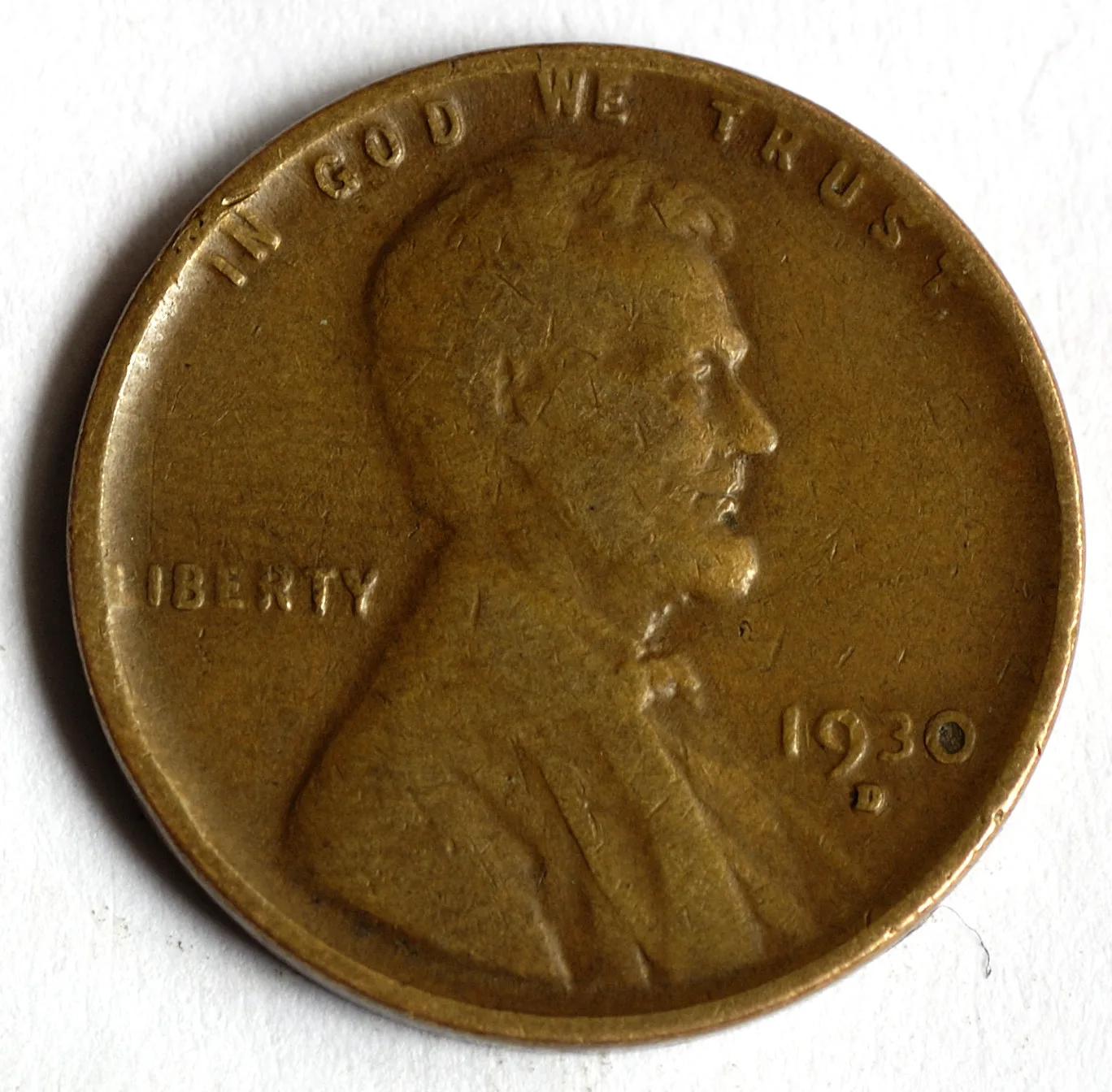 Obverse of a circulated 1930-D Lincoln wheat cent with IN GOD WE TRUST above, LIBERTY at the left and the D mint mark below the date