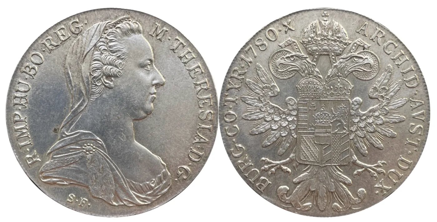 Maria Theresa thaler, obverse with veiled bust and the legend R IMP HU BO REG M THERESIA D G, reverse with crowned double eagle, the date 1780 and an X