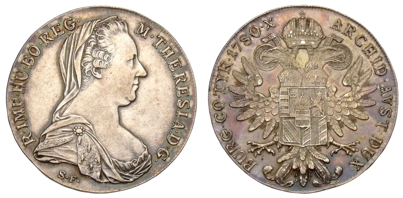 Obverse and reverse of a Maria Theresa thaler: the veiled bust of the empress with S.F. below it, and the crowned double-headed eagle with the date 1780 and an X