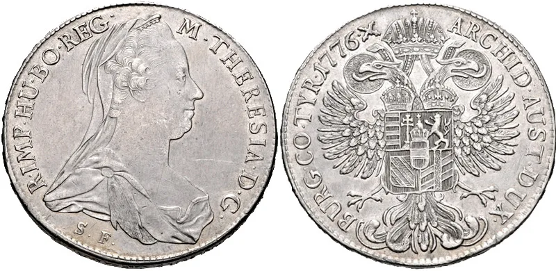 Maria Theresa thaler dated 1776, obverse with veiled bust and S.F., reverse with double eagle and the date 1776 followed by an X