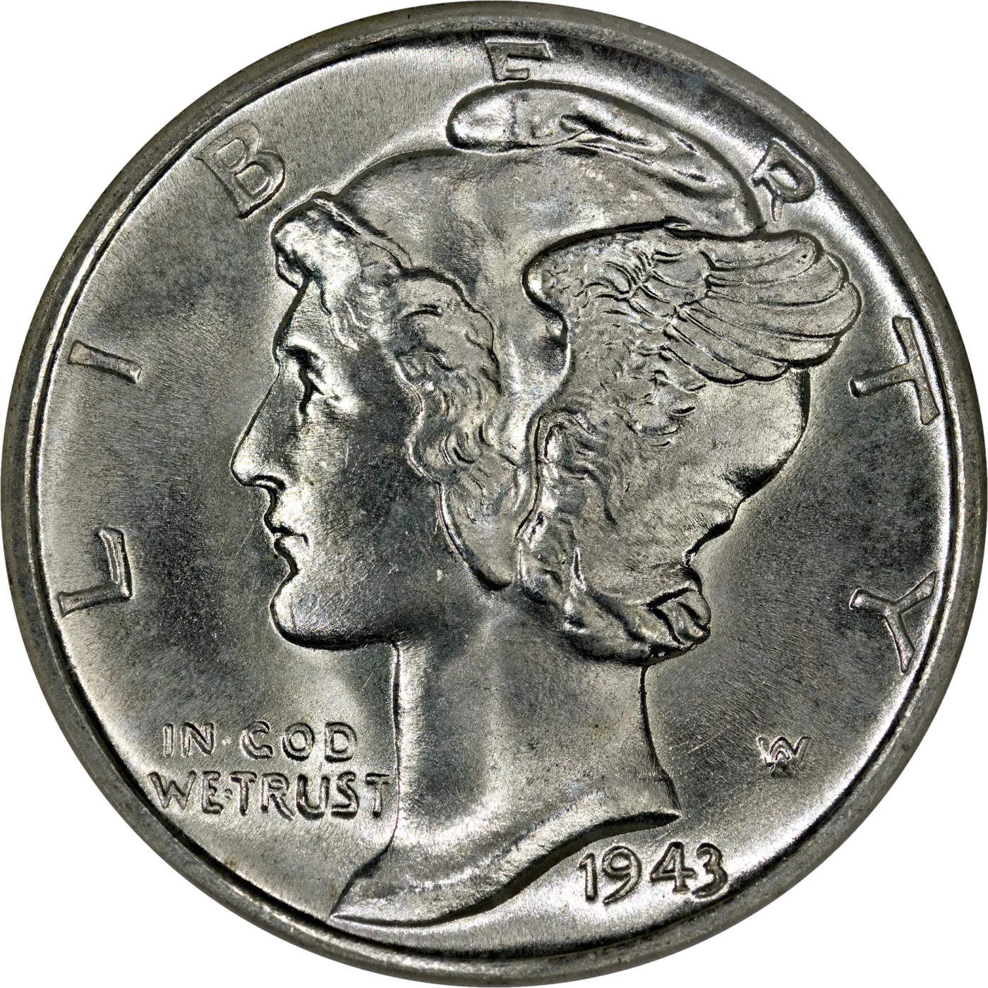Obverse of a 1943-D Mercury dime showing Liberty facing left in a winged Phrygian cap, LIBERTY around the rim and the date at lower right
