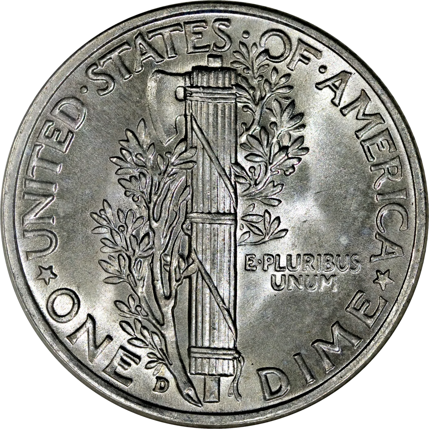 Reverse of a 1943-D Mercury dime showing the fasces with its horizontal bands, the olive branch, and the D mint mark to the lower left of the fasces