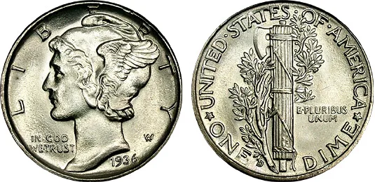 Obverse and reverse of a 1936 Mercury dime shown side by side