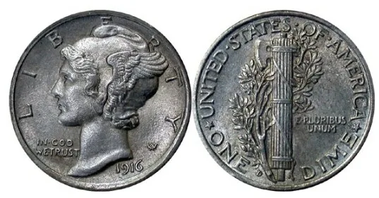 Obverse and reverse of a 1916-D Mercury dime shown side by side, the obverse dated 1916 and the reverse carrying the Denver mint mark
