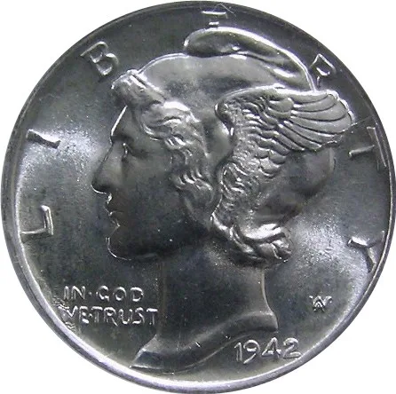 Obverse of an uncirculated 1942 Mercury dime with sharp wing feathers and full hair detail