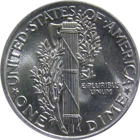Reverse of a 1942 Philadelphia Mercury dime with an empty field beside the base of the fasces where a mint mark would sit