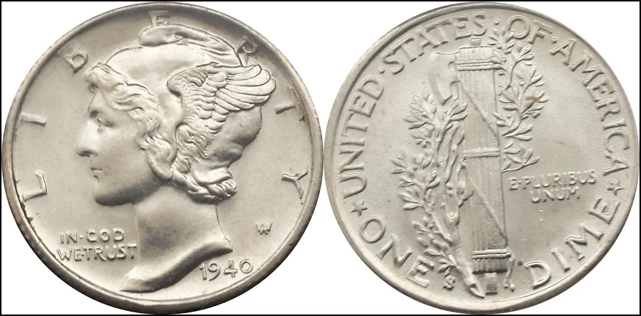 Obverse and reverse of a 1940-S Mercury dime, showing Liberty in a winged cap and the fasces reverse with the S mint mark beside its base