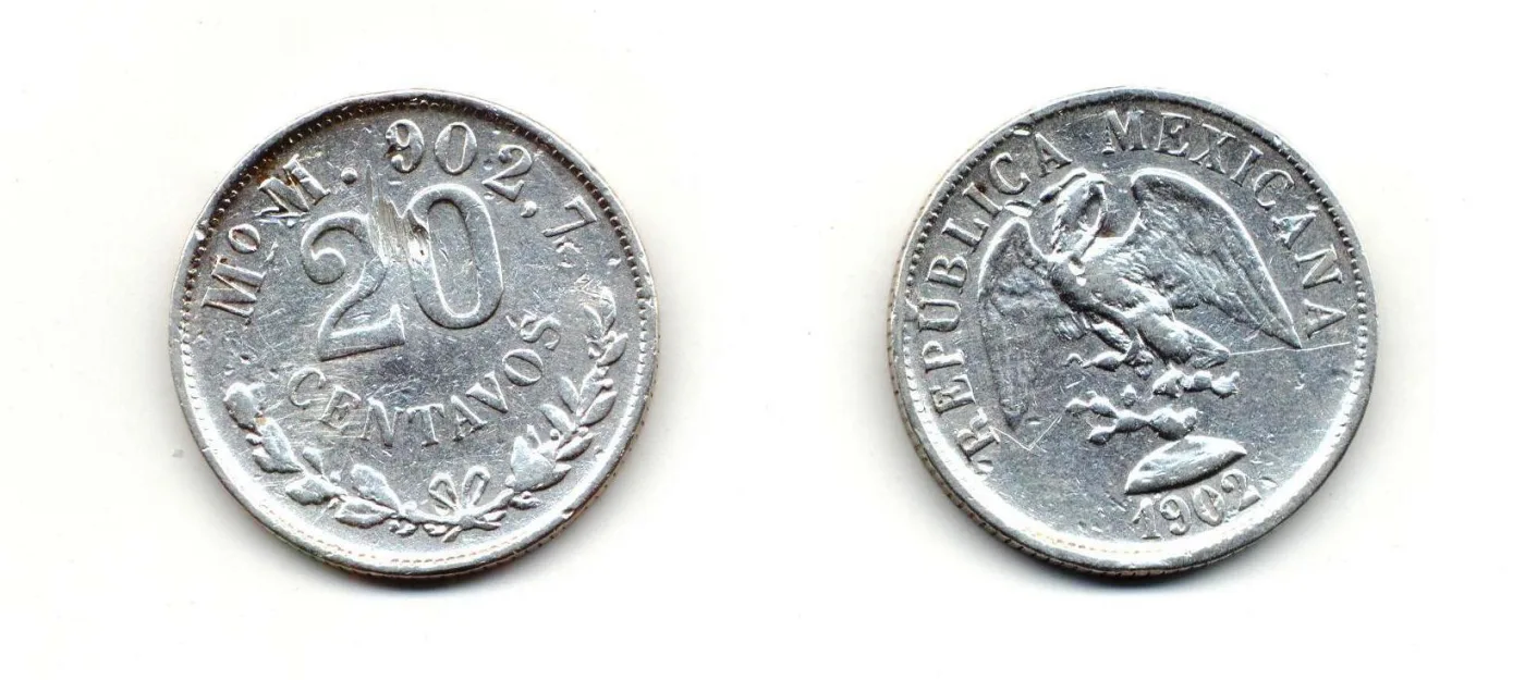 Obverse and reverse of a Mexican twenty centavos of 1902, one side with the value in a wreath and fineness lettering, the other with a front-facing eagle and the legend REPUBLICA MEXICANA
