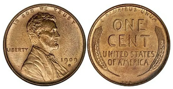 Obverse and reverse of a 1909-S Lincoln cent, the obverse showing the date with a small S beneath it and the reverse showing the initials VDB on the bottom rim