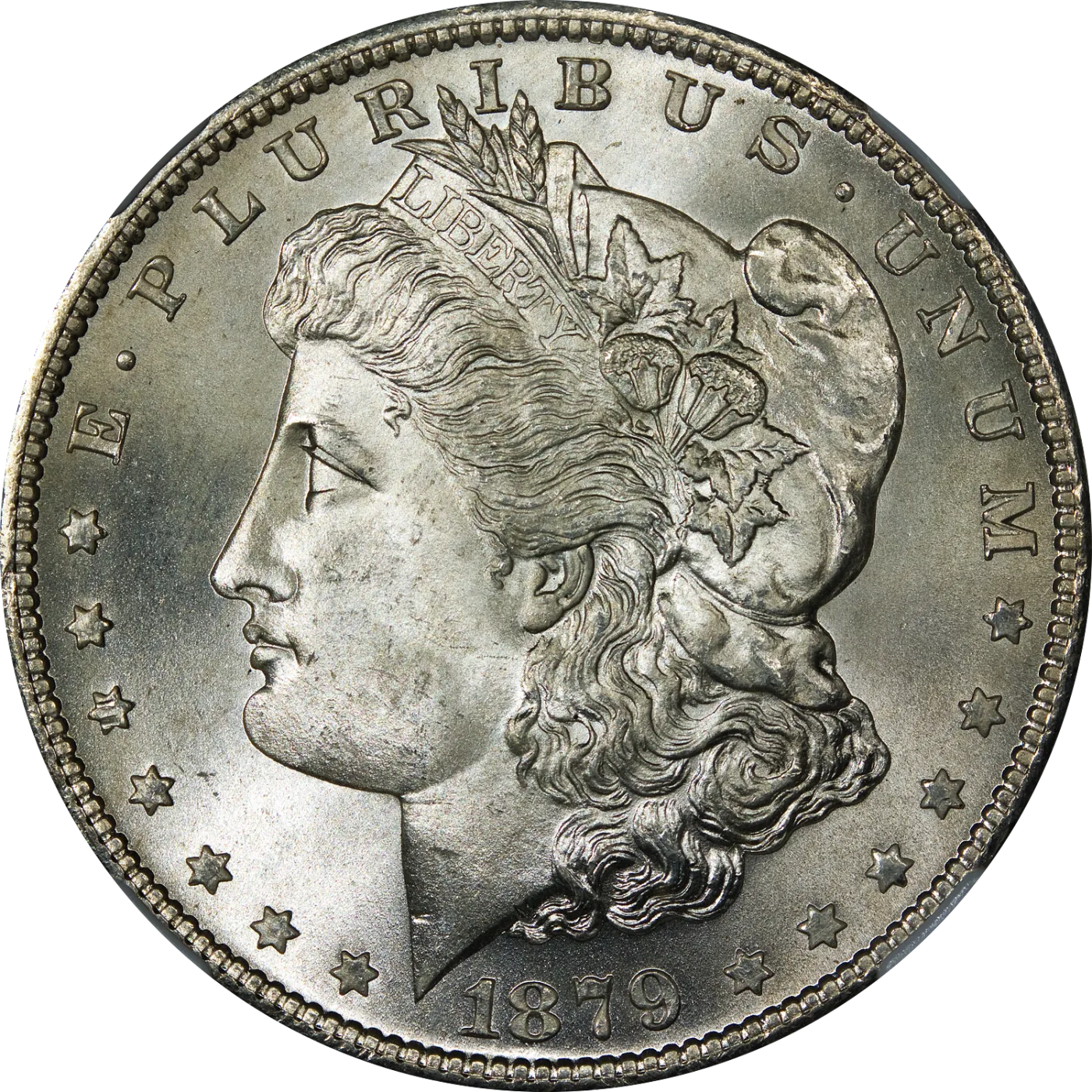 Obverse of an 1879 Morgan silver dollar showing Liberty facing left with stars around and the date below, and no mint mark anywhere