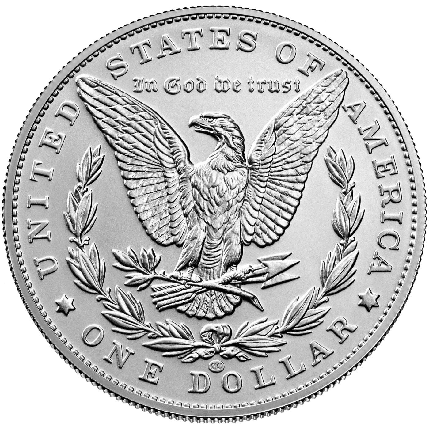 Reverse of a modern Morgan dollar in mint condition showing an eagle within a wreath and a small CC below the wreath bow