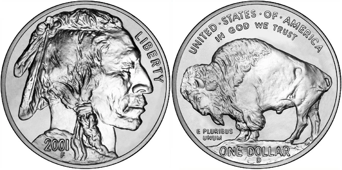 Obverse and reverse of a 2001 American Buffalo commemorative silver dollar with a Native American profile and a bison
