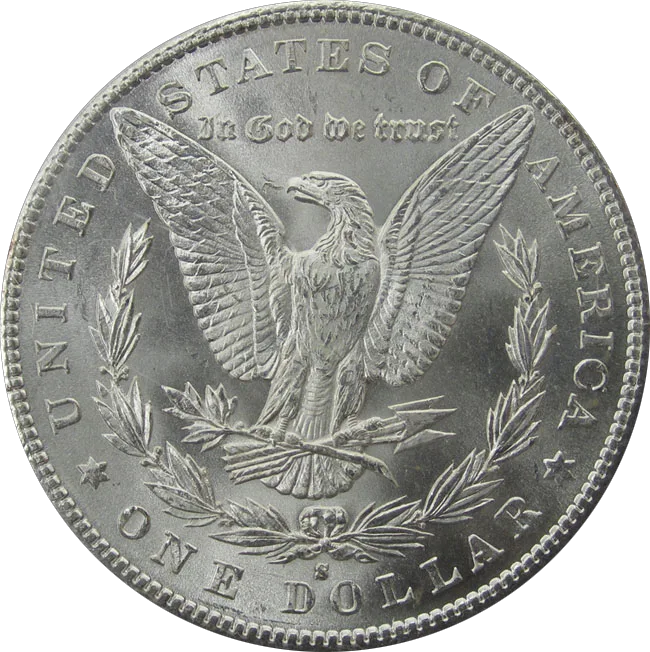 Reverse of an 1880-S Morgan dollar, a single S punched in the field below the wreath bow and above the letters D and O of DOLLAR