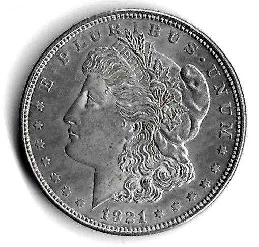 Obverse of a 1921 Morgan dollar, Liberty facing left with the date 1921 below the truncation