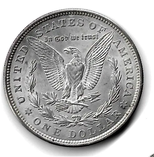 Reverse of a 1921 Morgan dollar with an empty field below the wreath bow, marking it as a Philadelphia strike