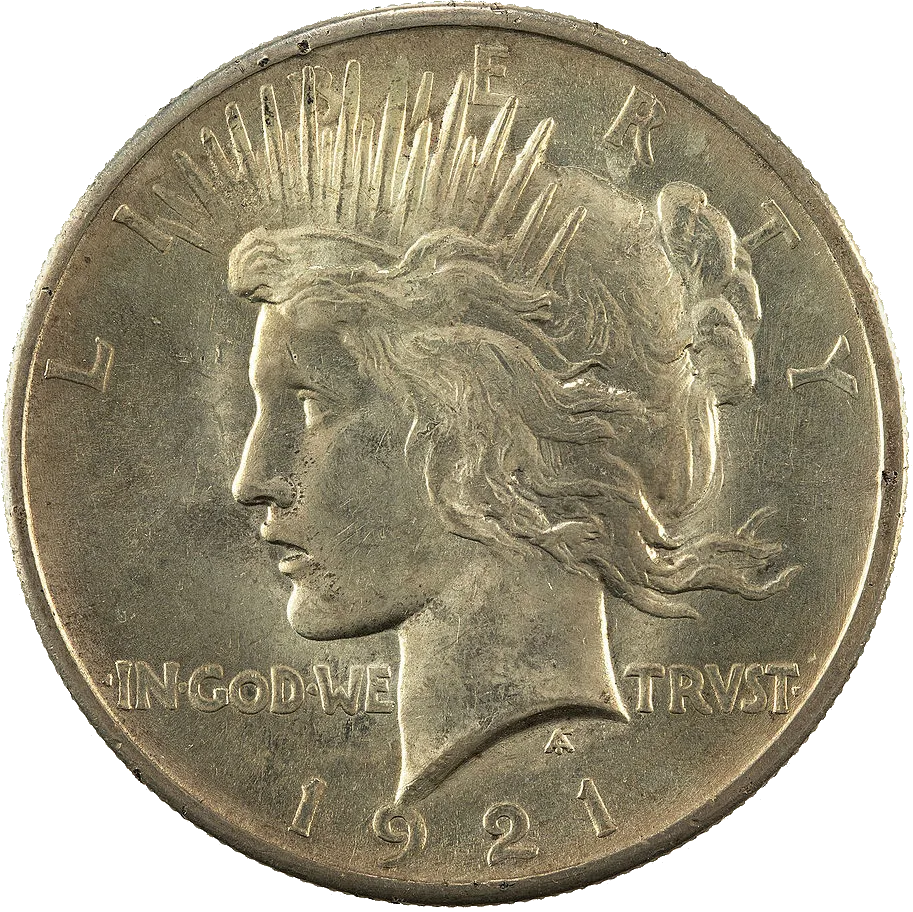 Obverse of a 1921 Peace dollar showing Liberty facing left in a spiked radiate crown, with LIBERTY around the rim and IN GOD WE TRUST split by the neck