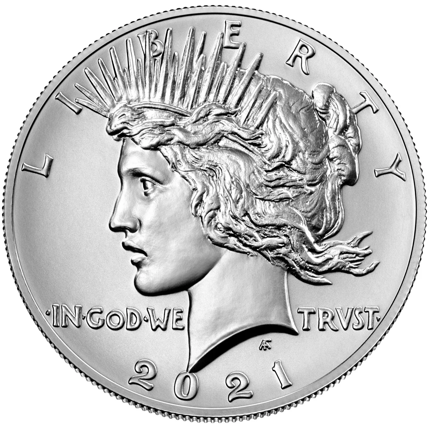 Obverse of a 2021 Peace dollar, the date reading 2021 and the crown rays and hair rendered in sharp modern high relief