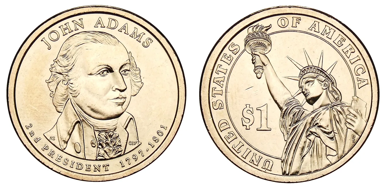 Obverse and reverse of a 2007 John Adams Presidential dollar side by side
