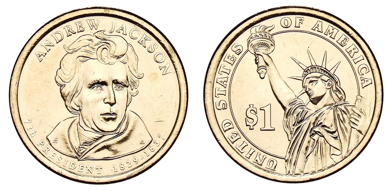 Obverse and reverse of a 2008 Andrew Jackson Presidential dollar side by side