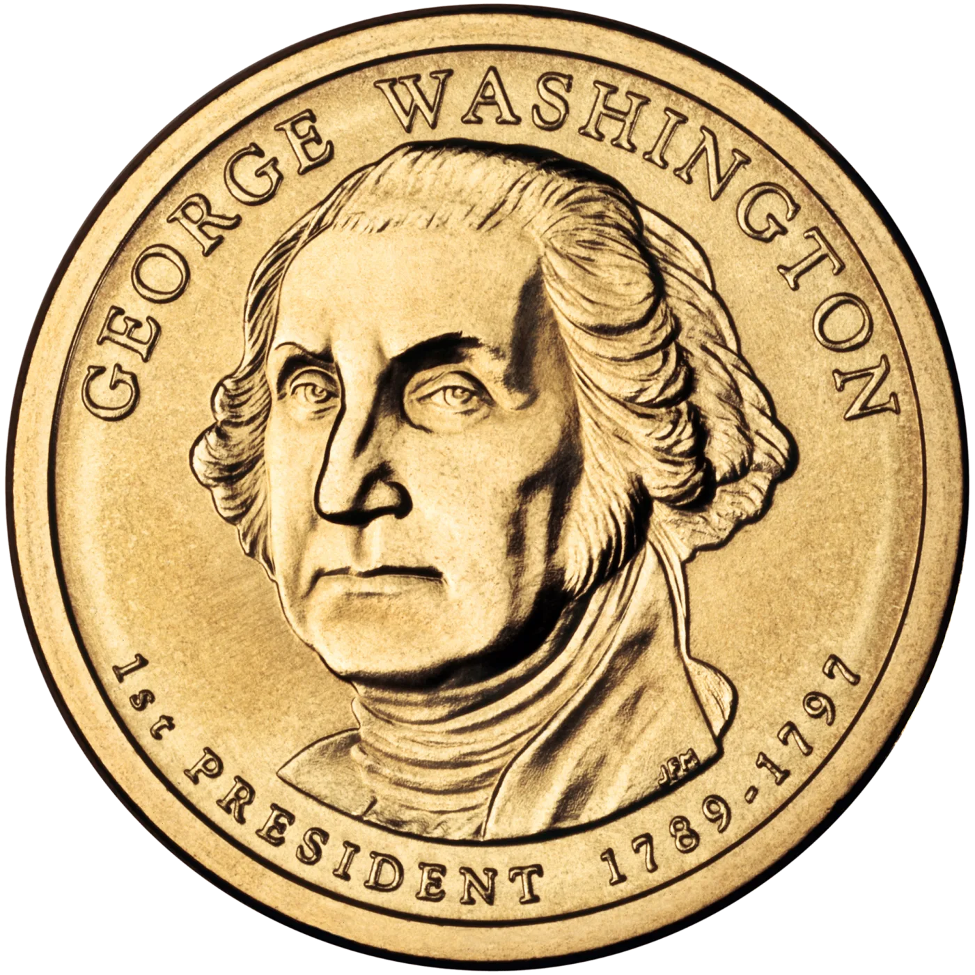 Obverse of a George Washington Presidential dollar, GEORGE WASHINGTON arched above the portrait and 1st PRESIDENT 1789-1797 below, with no date anywhere on the face