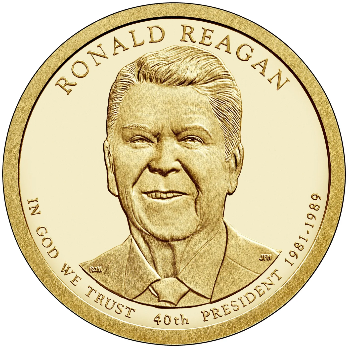 Obverse of a 2016 Ronald Reagan Presidential dollar in proof, the name arched above the portrait with IN GOD WE TRUST and 40th PRESIDENT 1981-1989 curving along the bottom