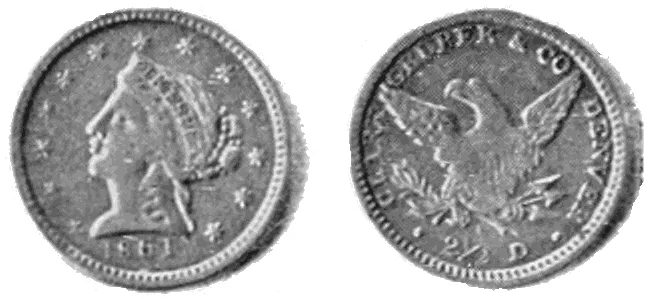 Both sides of an 1861 Clark, Gruber and Company two and a half dollar gold piece in an old halftone plate, a Liberty head dated 1861 beside an eagle with CLARK GRUBER and CO. DENVER and 2 1/2 D.