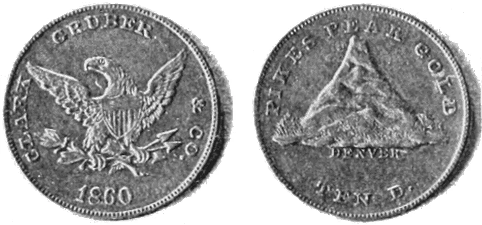 Both sides of an 1860 Clark, Gruber and Company ten dollar piece in an old halftone plate: an eagle with the legend CLARK GRUBER and CO. and the date 1860 on one side, and a stylised mountain with PIKES PEAK GOLD, DENVER and TEN D. on the other