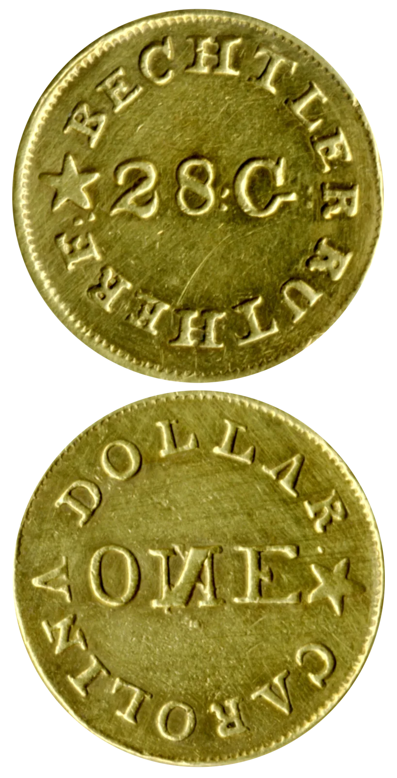 Both sides of a Bechtler gold dollar, one side reading BECHTLER RUTHERF around 28.G. and the other reading CAROLINA and DOLLAR around ONE with its N punched backwards