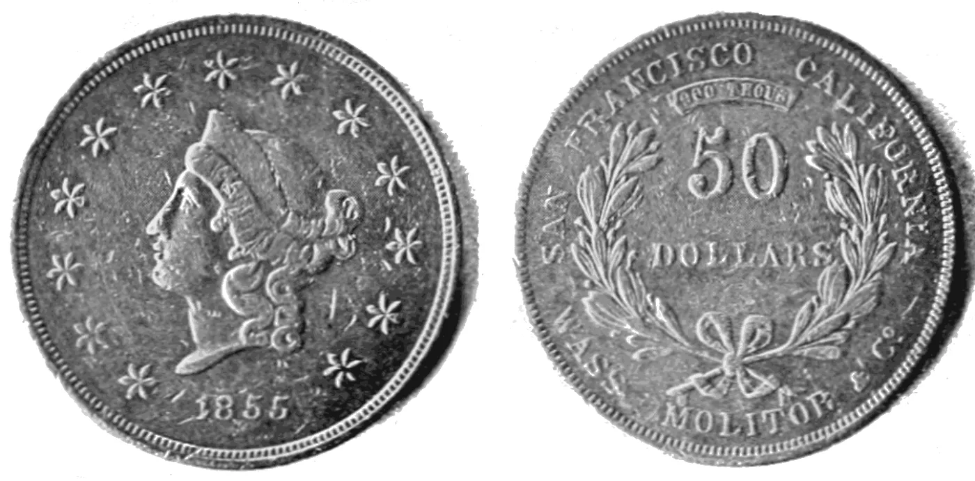 Both sides of an 1855 Wass, Molitor and Company fifty dollar gold piece in an old halftone plate, a Liberty head dated 1855 beside a wreath around 50 DOLLARS with SAN FRANCISCO CALIFORNIA, 900 THOUS. and WASS MOLITOR and CO.