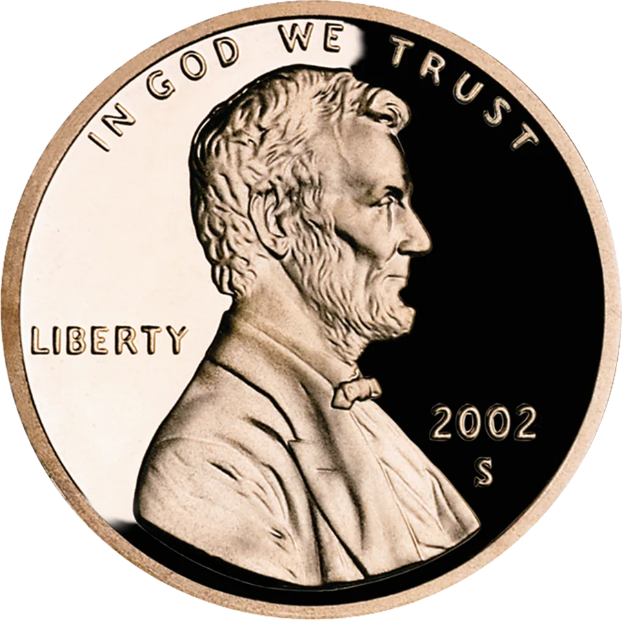 Obverse of a 2002-S proof Lincoln cent, the frosted portrait against a half-black mirror field, with a small S directly below the date at lower right