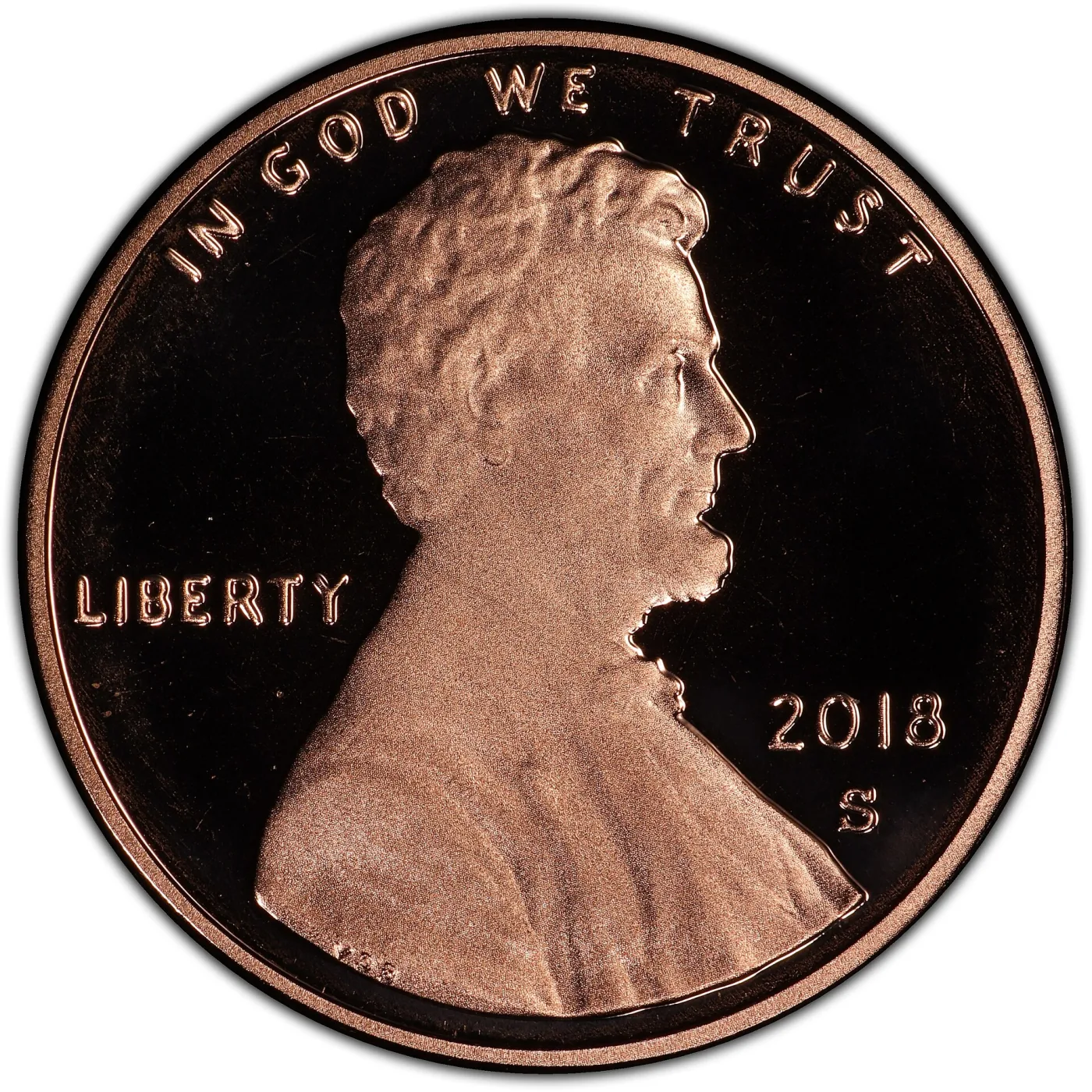 Obverse of a 2018-S proof Lincoln cent showing a matte frosted portrait, date and lettering set against a field so reflective it photographs black