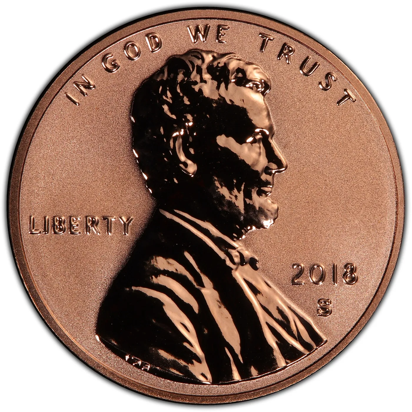 Obverse of a 2018-S proof Lincoln cent with the contrast inverted, the field a soft satin texture and Lincoln's portrait and the lettering polished to a dark mirror