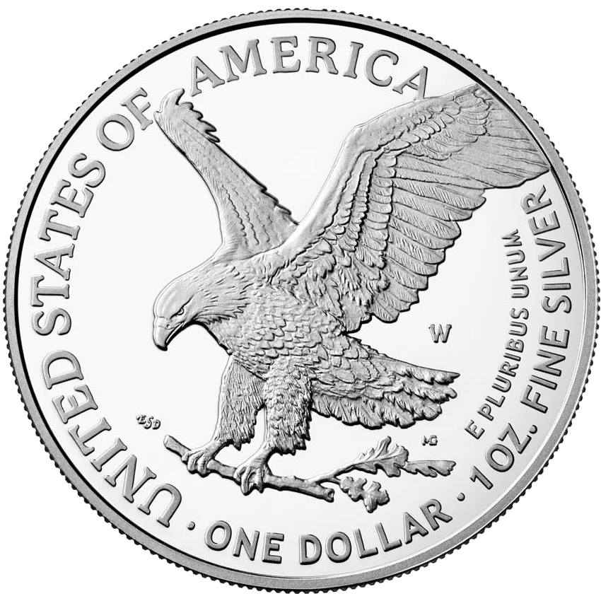 Reverse of a Type 2 American Silver Eagle showing the landing eagle, with a small W set into the field to the right of the eagle's wing