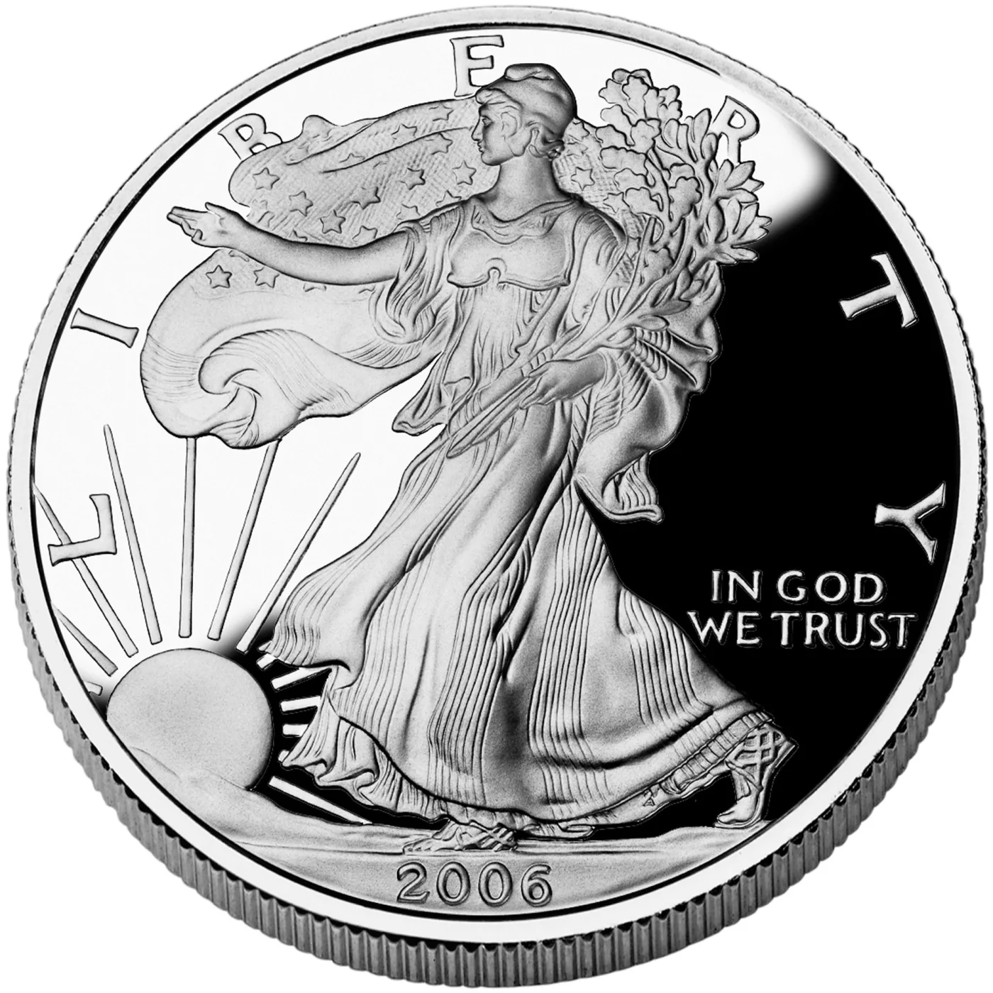 Obverse of a 2006 proof American Silver Eagle, the frosted Walking Liberty figure standing against a mirror field that reflects black on the right side of the coin