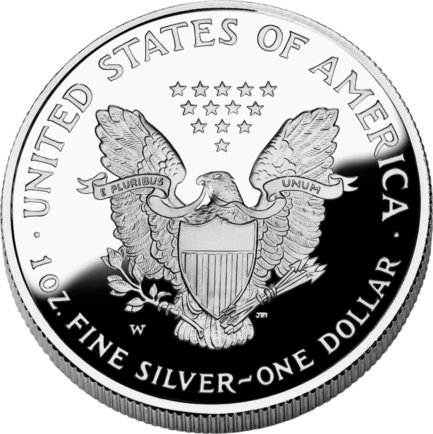 Reverse of a 2006 proof American Silver Eagle photographed at an angle, showing the heraldic eagle in frosted relief, a field shading to black at the right, sharply squared rims and a W mint mark below the shield