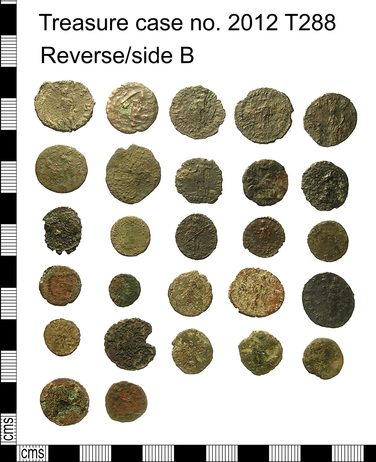 Twenty-seven small corroded Roman copper-alloy coins laid out in rows beside a centimetre scale, labelled Treasure case no. 2012 T288
