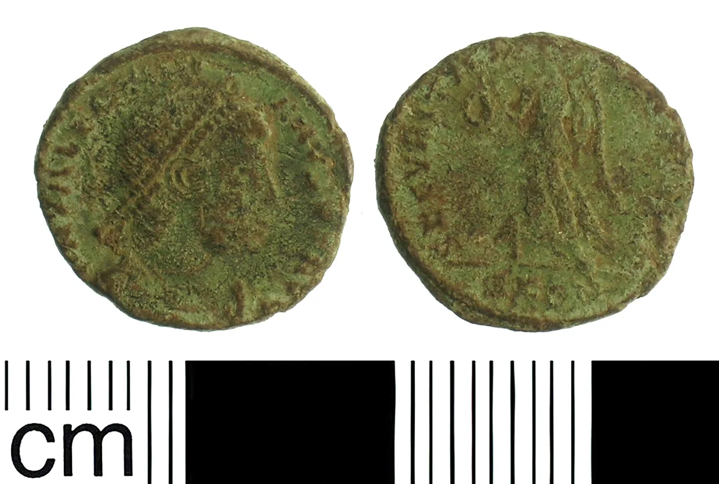 Obverse and reverse of a green-patinated Roman nummus: a diademed bust facing right, and a walking Victory holding a wreath