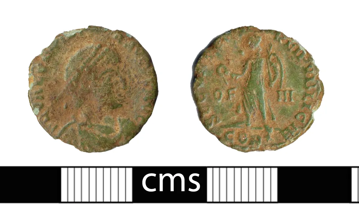 Obverse and reverse of a Roman nummus of Valentinian I: a diademed draped bust, and a walking Victory with the letters OF and III in the field